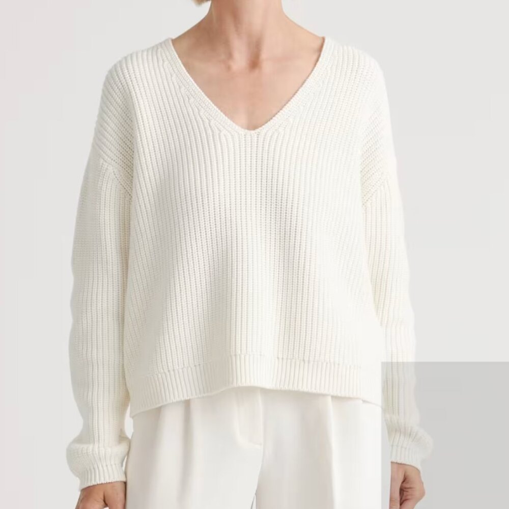 Quince 100% Organic Cotton Fisherman V-Neck Sweater – Ivory, Size M
